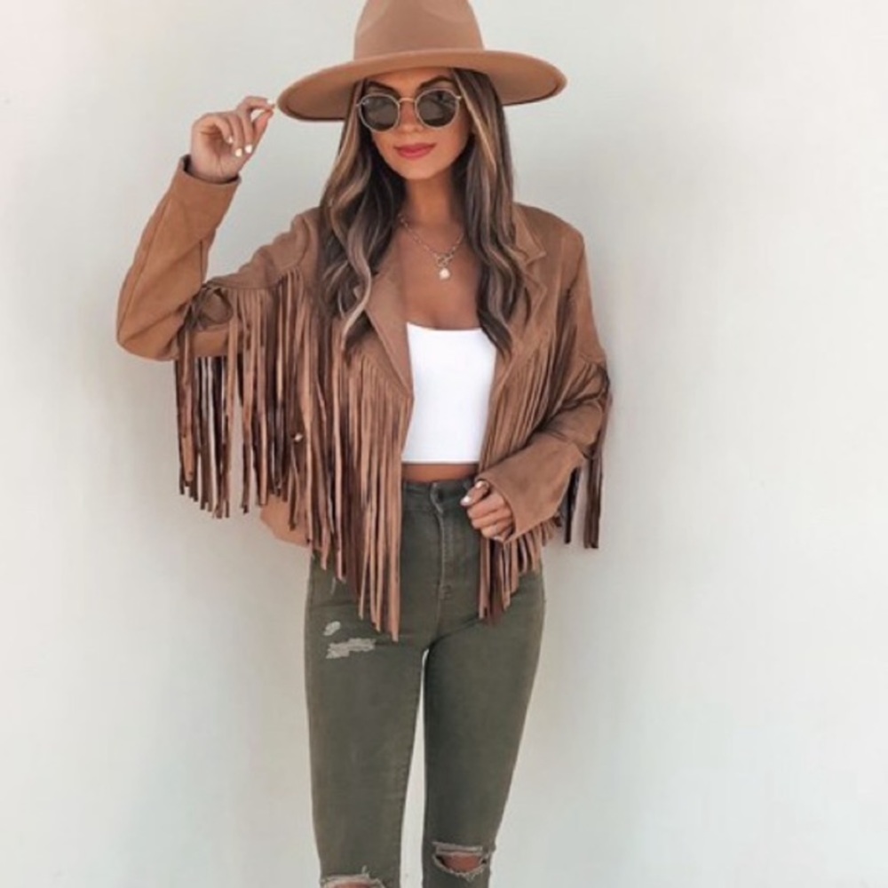 Faux suede women jacket zip blazer coat boho festioval fringe tops - Picture 4 of 6